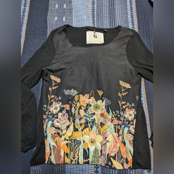 Anthropologie Black Floral Print Flamingo Garden top medium by Michelle - Picture 2 of 9